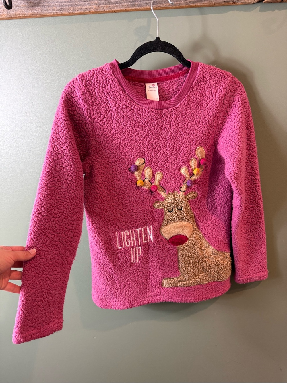 Womens Pink Fleece Reindeer Holiday Sweatshirt